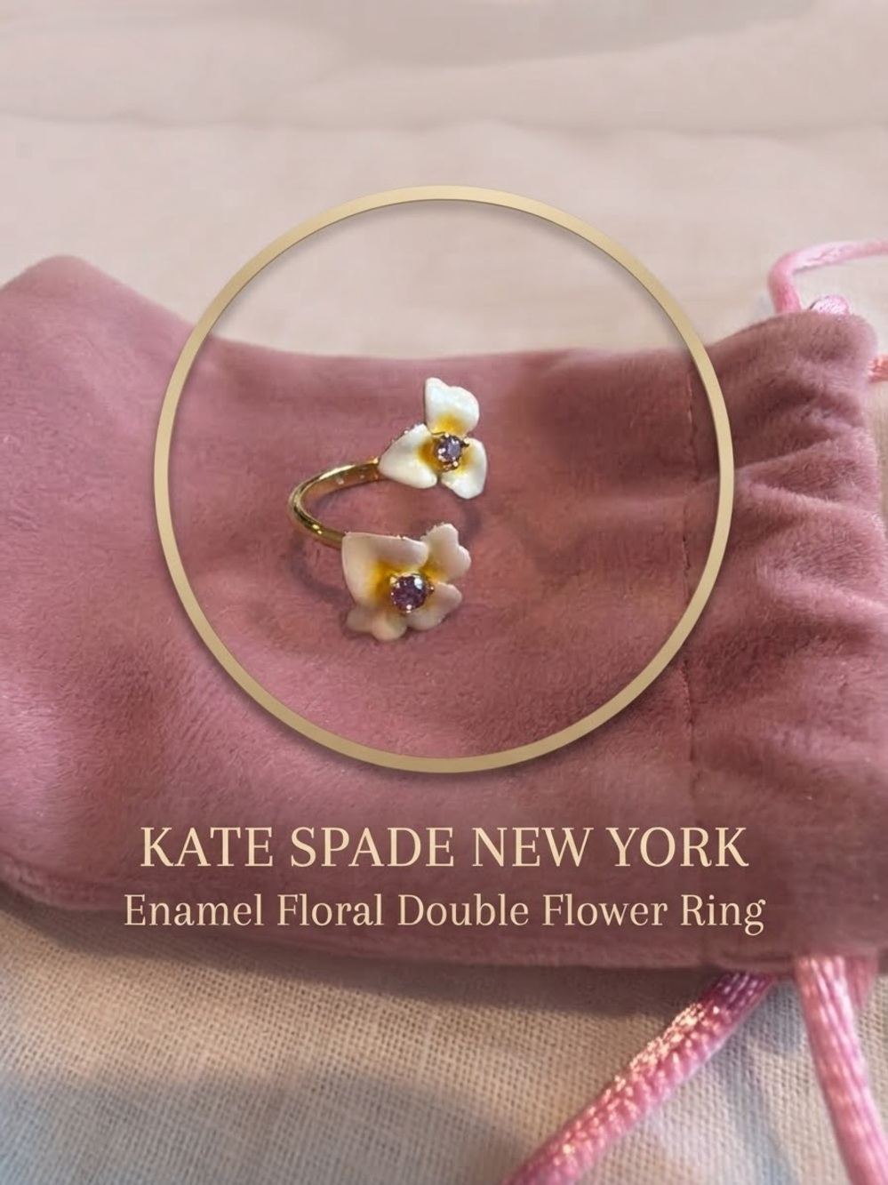 Kate Spade New York Enamel Floral Double Flower Open Ring Purple CZ